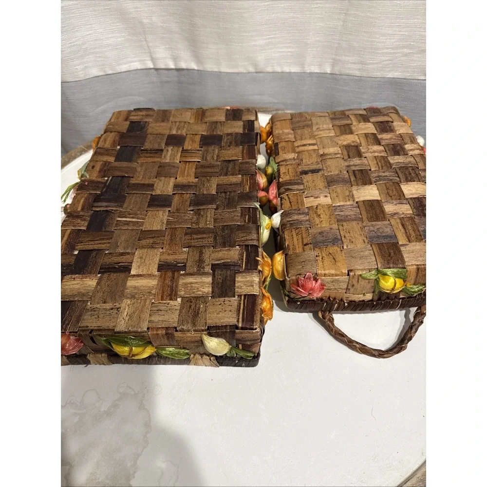 2 MCM Vintage Wicker Raffia Casserole Holders 13.5x8.5